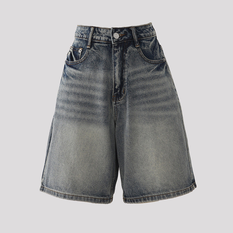 Orange Silk Women's Vintage Washed Denim Shorts Five-Quarter Pants