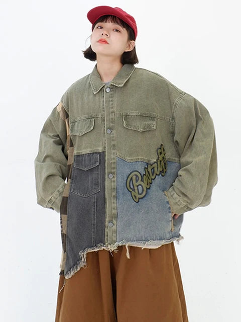 Irregular Patchwork Denim Coat for Women - Plaid Streetwear Oversized Jacket