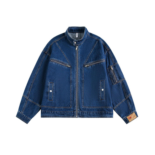 Retro Construction Motorcycle Style Denim Jacket