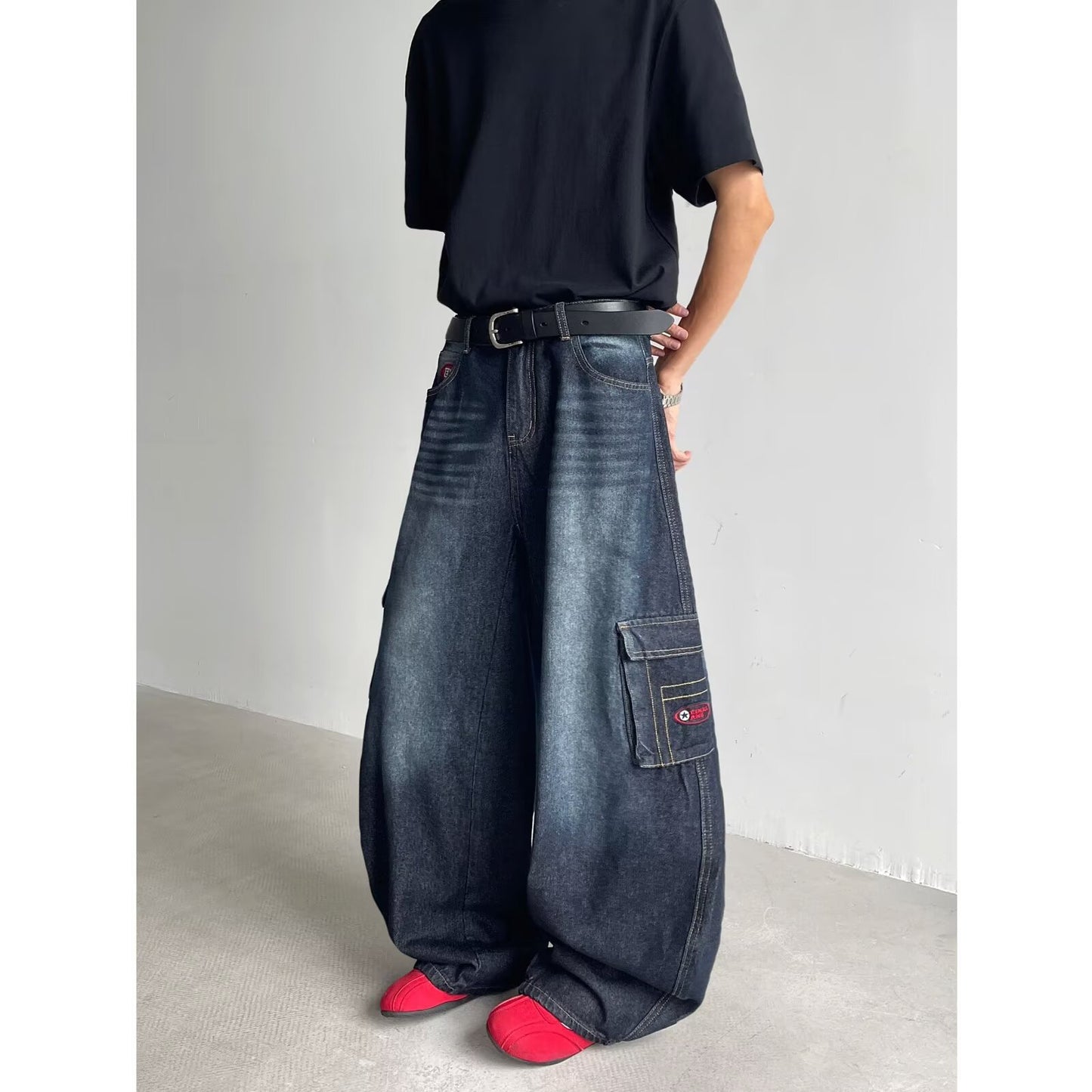 Washed Multi Pocket Workwear Denim Loose Straight Leg Pants