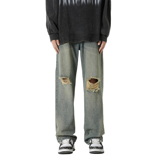 Hole-Designed Straight Leg Jeans for Men – Vintage Blue