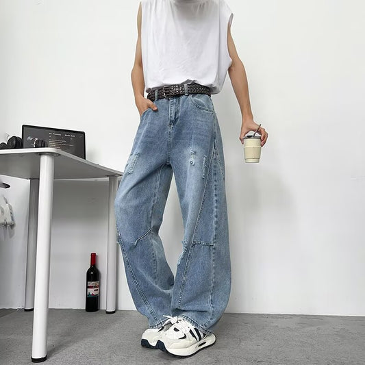 Bent Knife Piercing Cowboy Water Washed Casual Wide Leg Pants