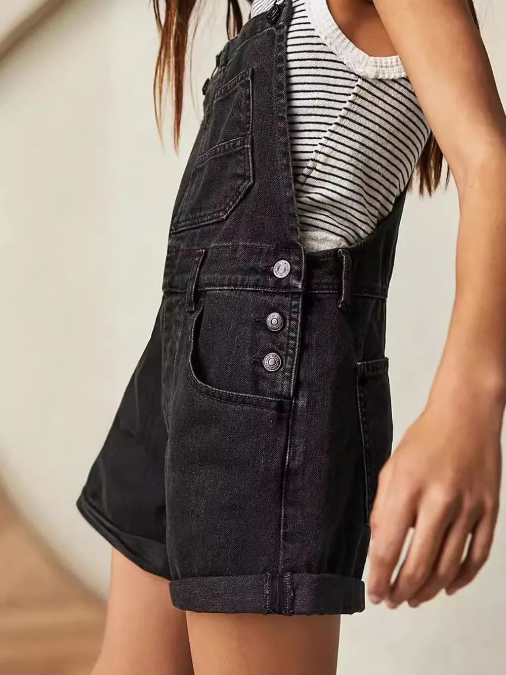 Premium Square Neck Wide Strap Denim Overalls in Black