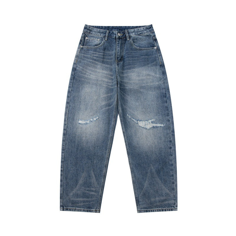 Distressed Cut-Out Tapered Jeans for Men - Japanese Retro Loose Fit
