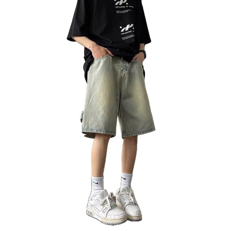 Retro Yellow Mud-Dyed Denim Zippered Niche Five-Quarter Pants