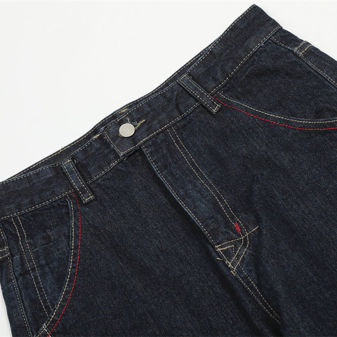 Men's Denim Pants with Visible Stitching and Knife Cut Design, Casual Loose Fit Wide Leg Jeans for Men