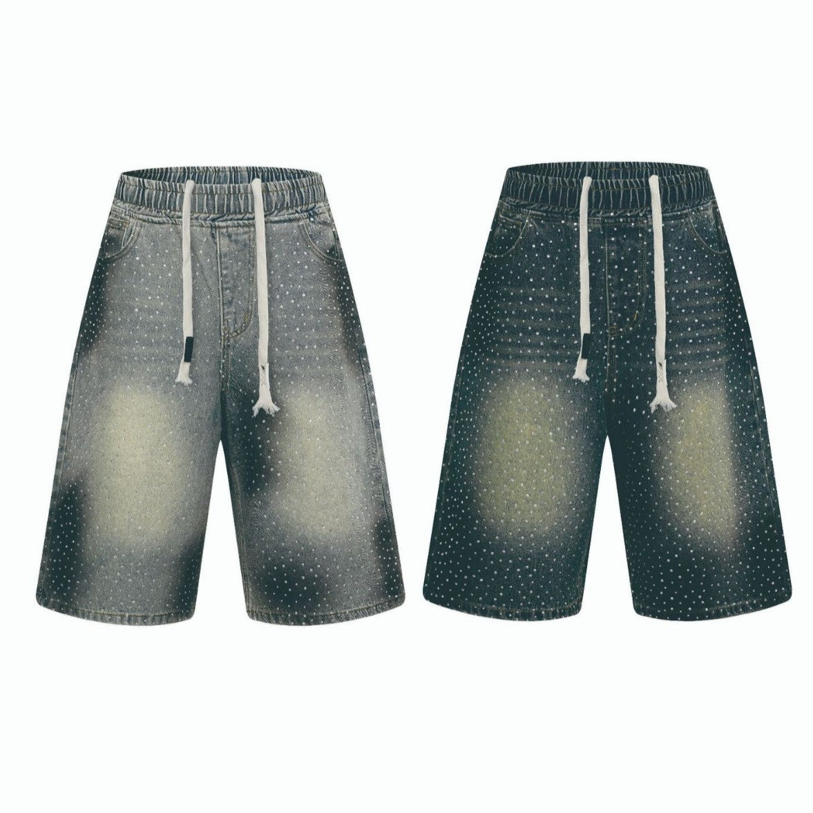 Washed Vintage Graffiti Rhinestone Denim Shorts for Men - Loose Fit Wide Leg Pants