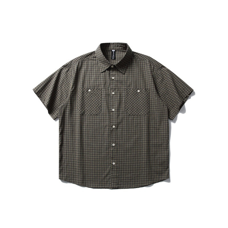 Double Patch Pocket Design Checkered Loose Short Sleeved Shirt for Men