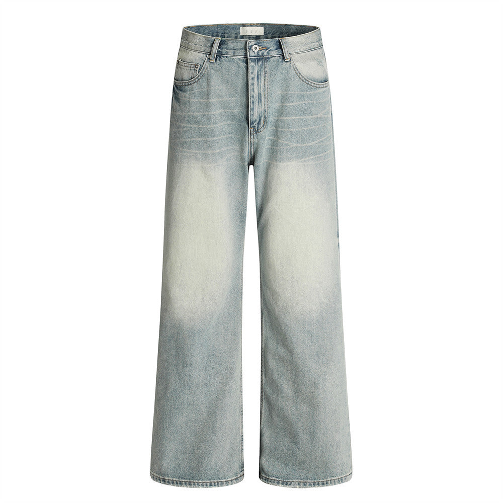 Men's Faded White Wide-Leg Straight-Leg Denim Pants