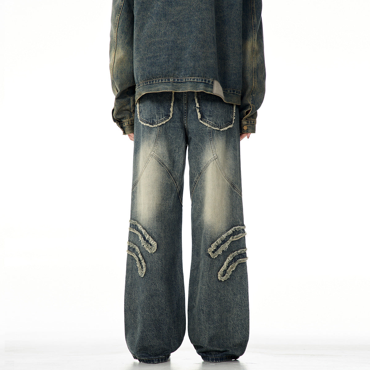 Faded Denim Pants Vintage Blue - High Street Design Distressed Casual Slim Fit