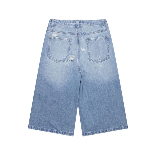 Casual Royal Blue Broken Hole Denim Shorts for Women