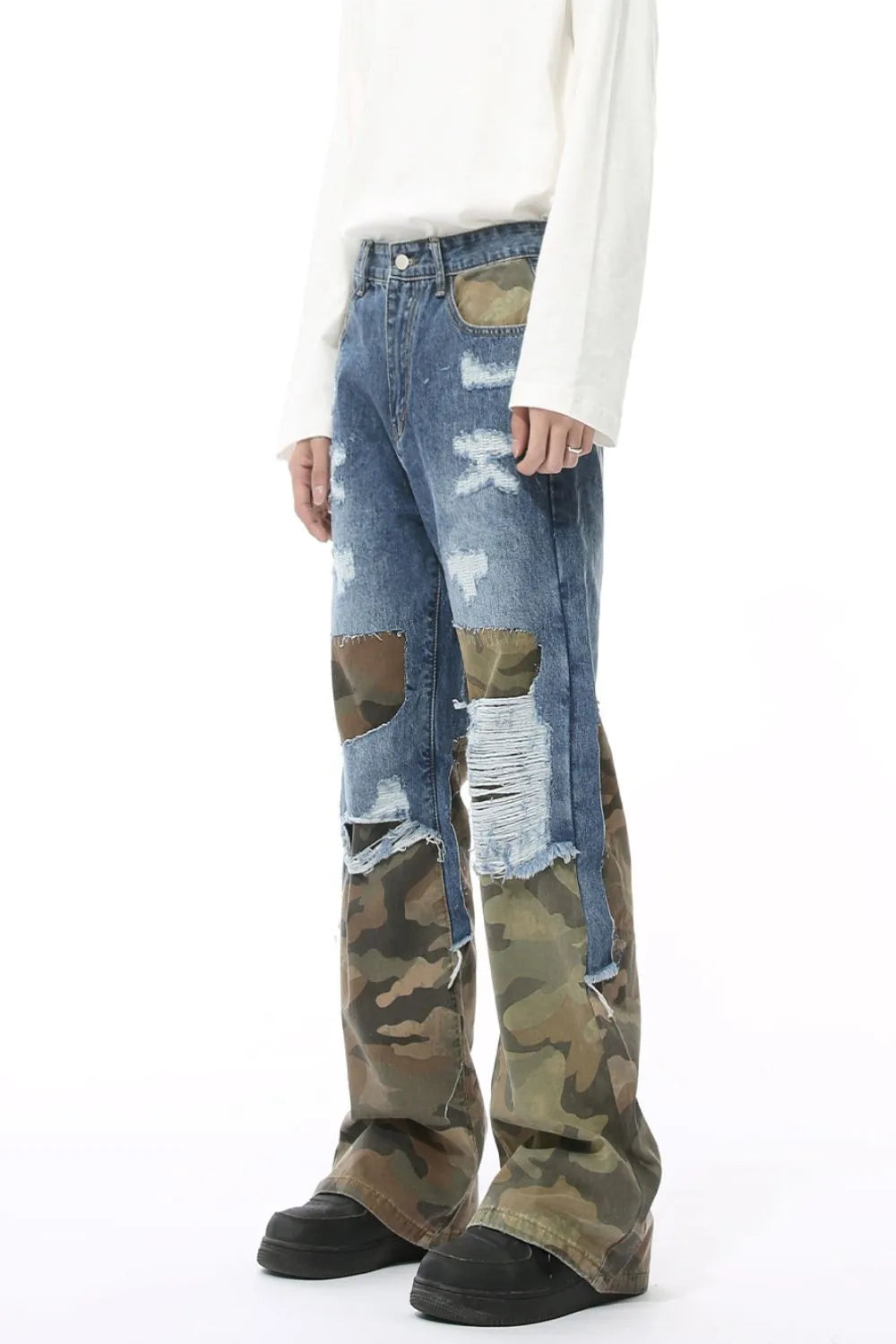 Distressed Camouflage Patchwork Jeans - Premium Japanese Denim