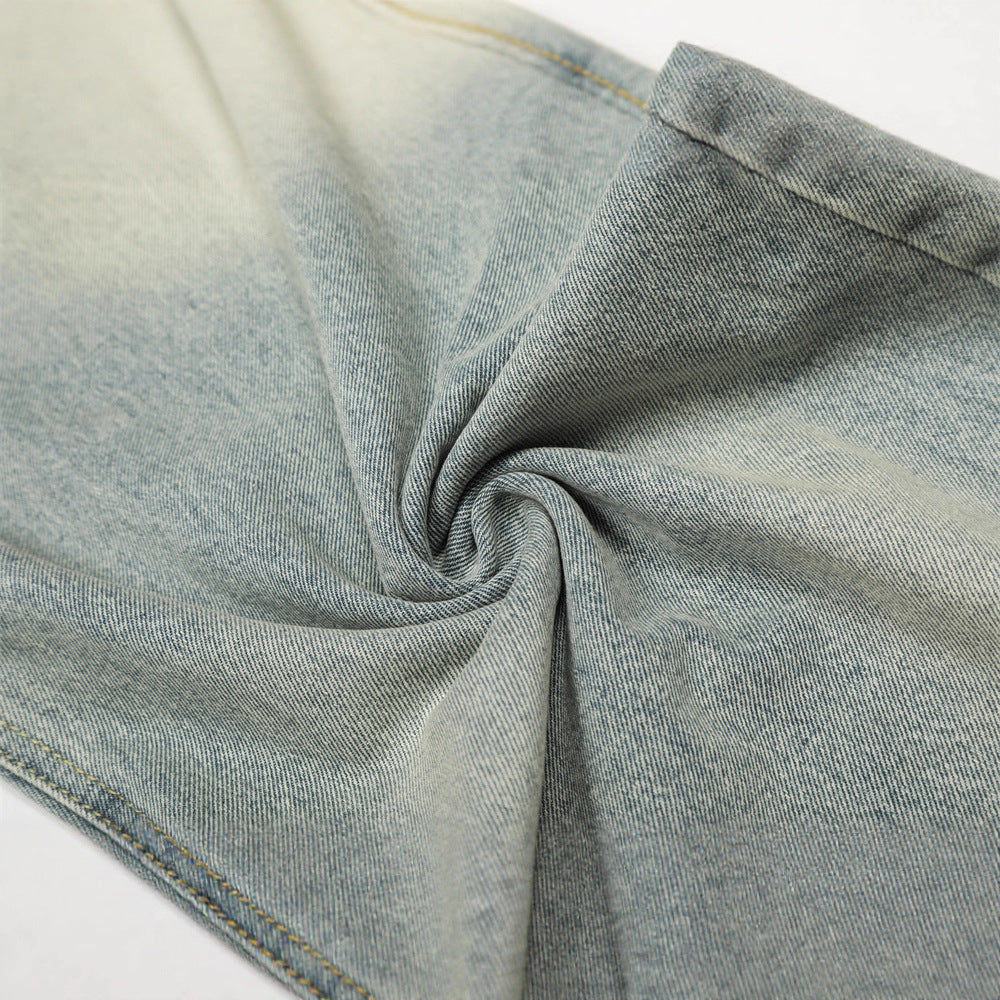 Men's Jeans with Double Waistband, Faded Knife-Edge Design,  Brand, Loose Fit, New Men's Pants