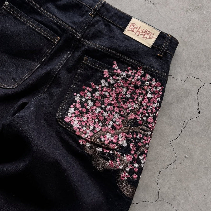 Casual Long Pants with Plum Blossom Embroidery - Loose Wide-Leg Denim Pants for Men