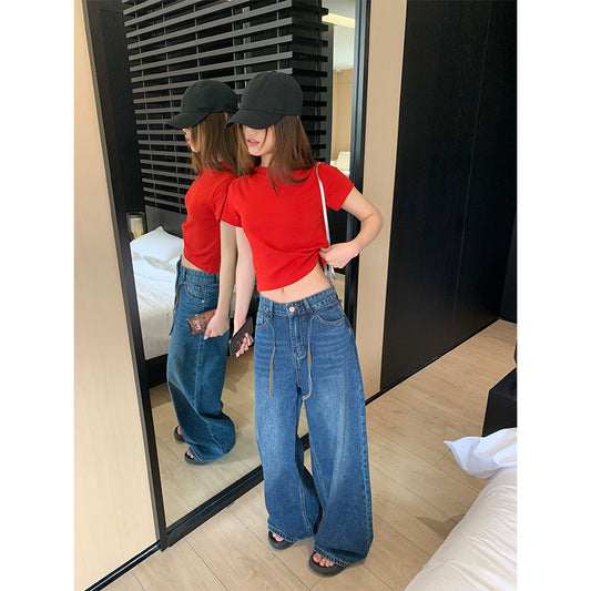 Adjustable Drawstring Wide Leg Denim Pants for Women - Casual Loose Fit Trousers