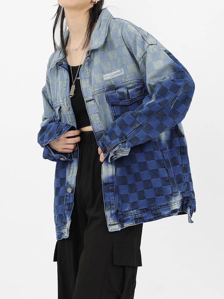 Women's Diamond Lattice Denim Coat with Gradient Color and Pocket Patchwork