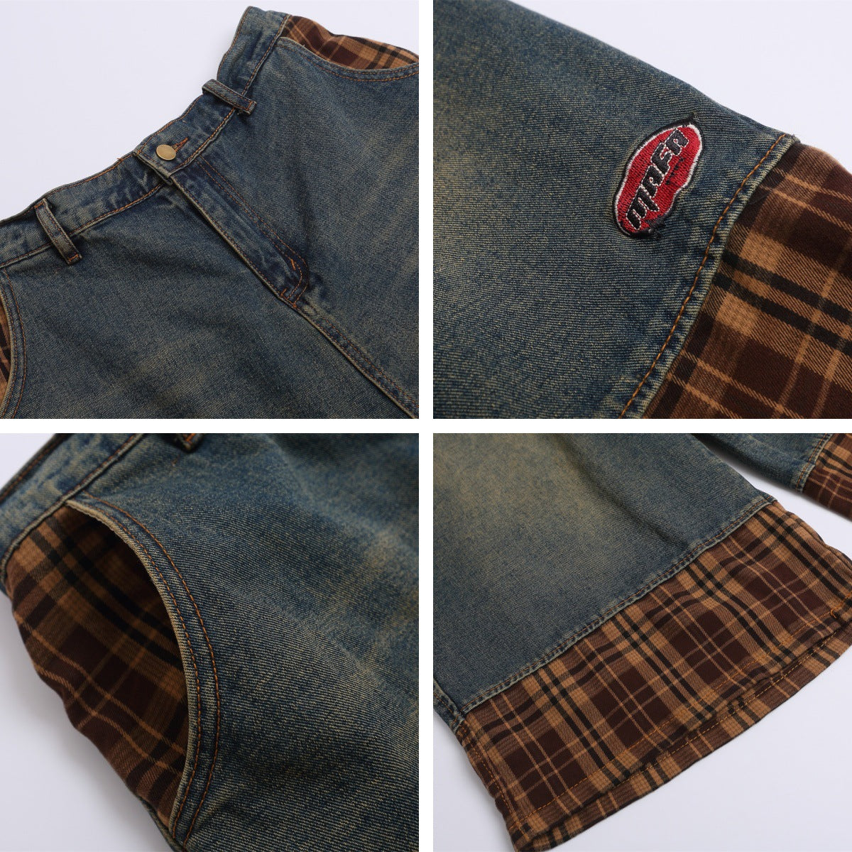 Unisex Retro Washed Patchwork Embroidered Denim Pants