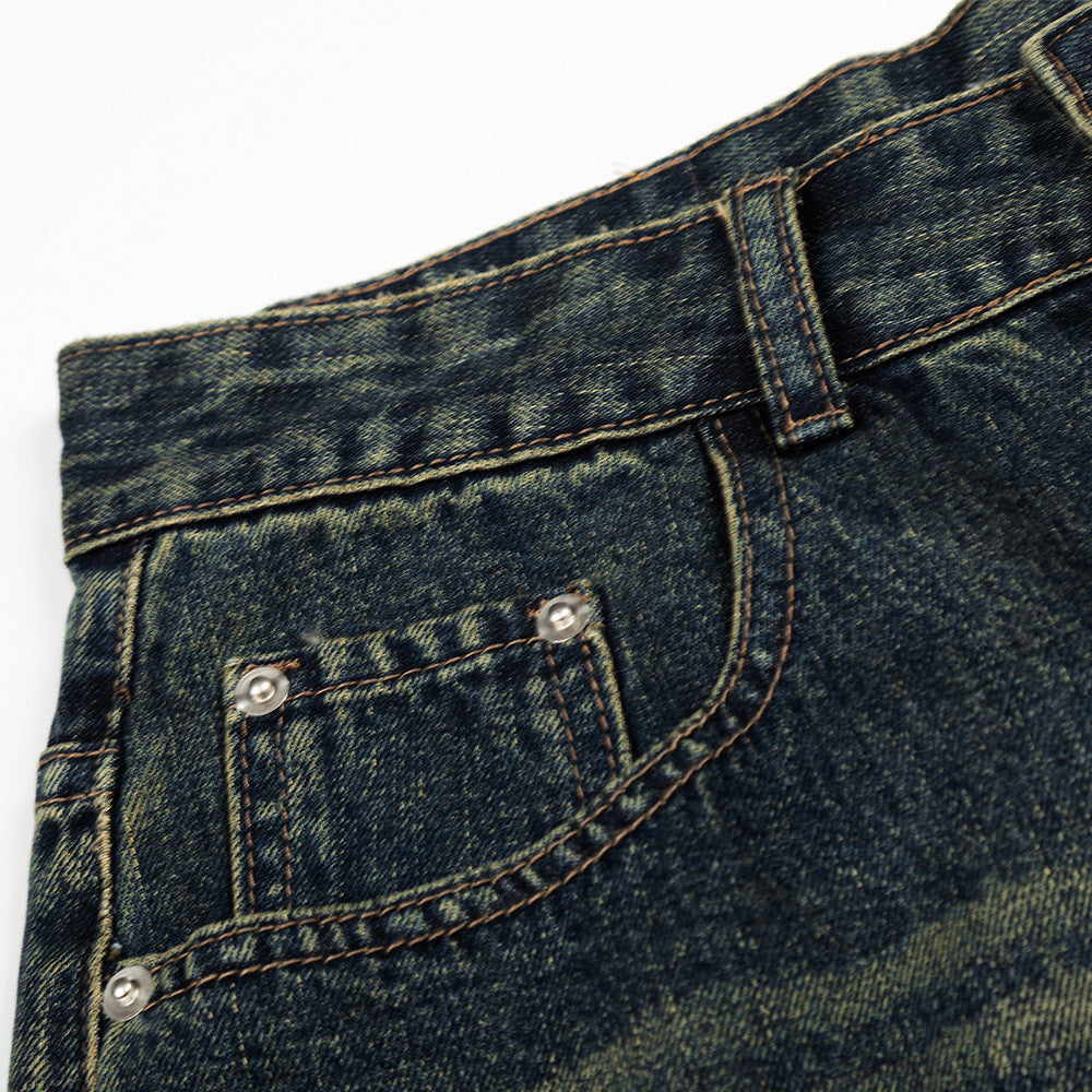 Vintage Blue Loose Denim Cropped Pants — Distressed Wash, Mid-Rise Loose Fit