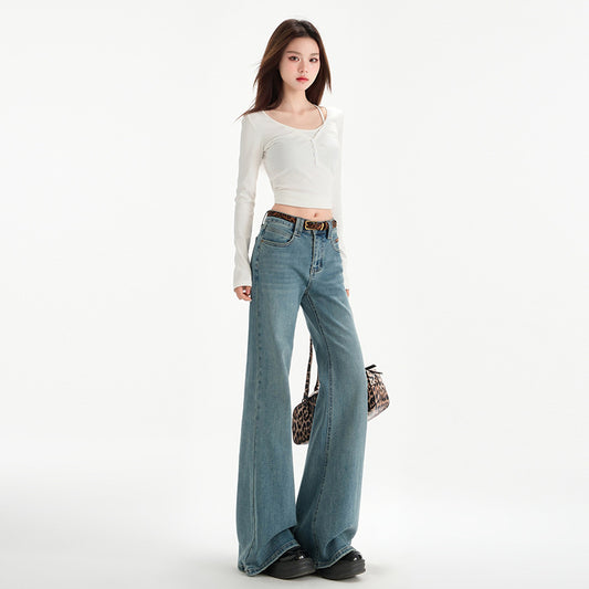 Blue Non-tight Micro-flare Denim Pants for Women - Slimming Elegant Horseshoe Trousers