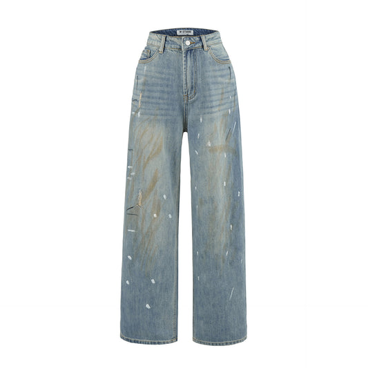 High-Waisted Distressed Washed Frayed Hand-Scuffed Wide-Leg Denim Trousers