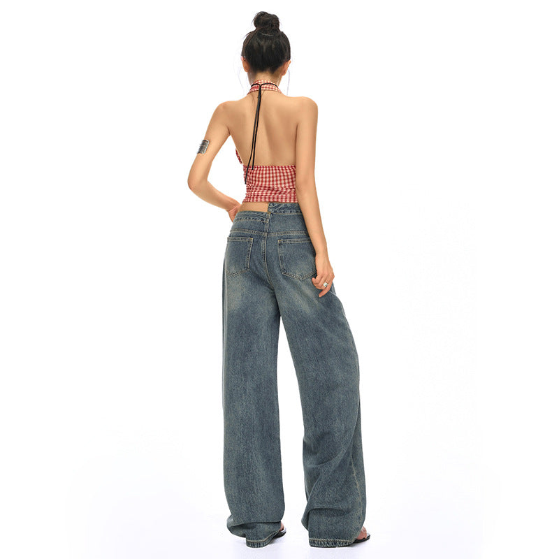 Blue High-Waisted Straight Leg Jeans for Women - Loose Wide-Leg Summer Pants