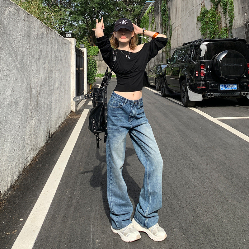 Low-Waist Straight Leg Jeans for Women – Loose Slim Design