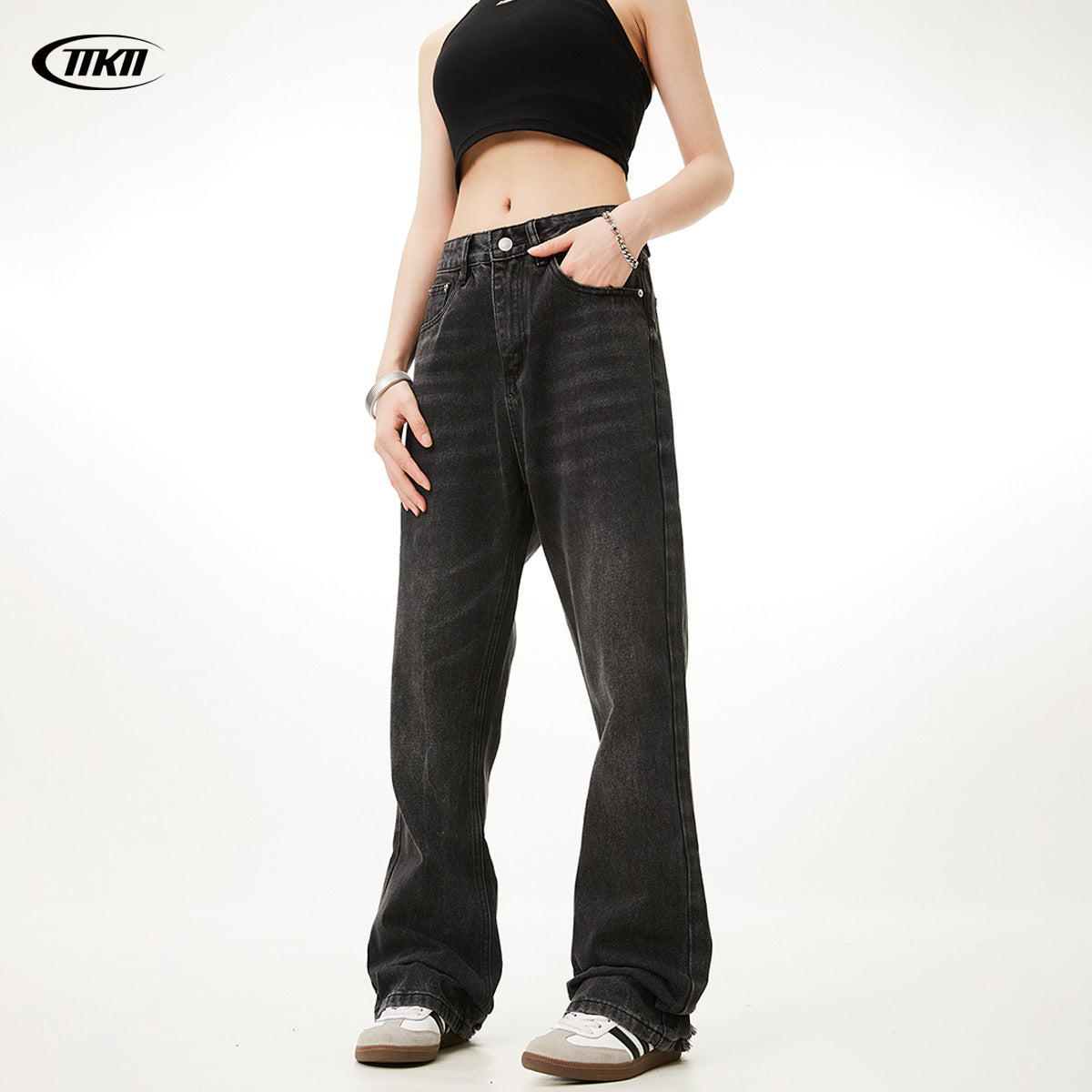 Black and Gray Flared Denim Pants for Men and Women - Slim Fit, Loose Tapered, Washed Dark Casual Long Pants