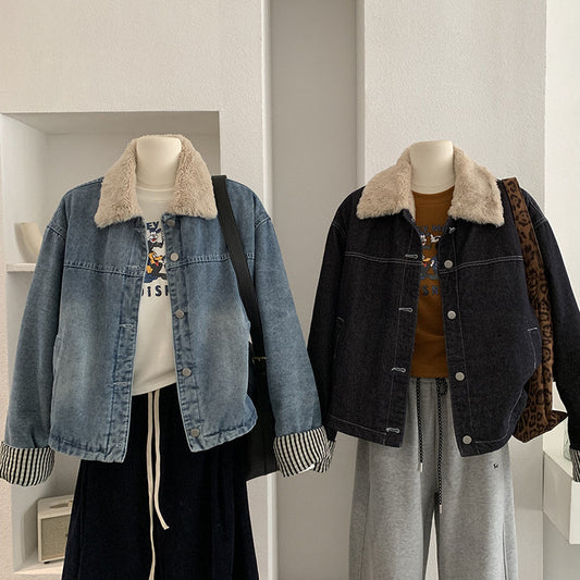 Patchwork Stripe Collar Thick Fleece Lined Single Button Long Sleeve Denim Jacket for Women