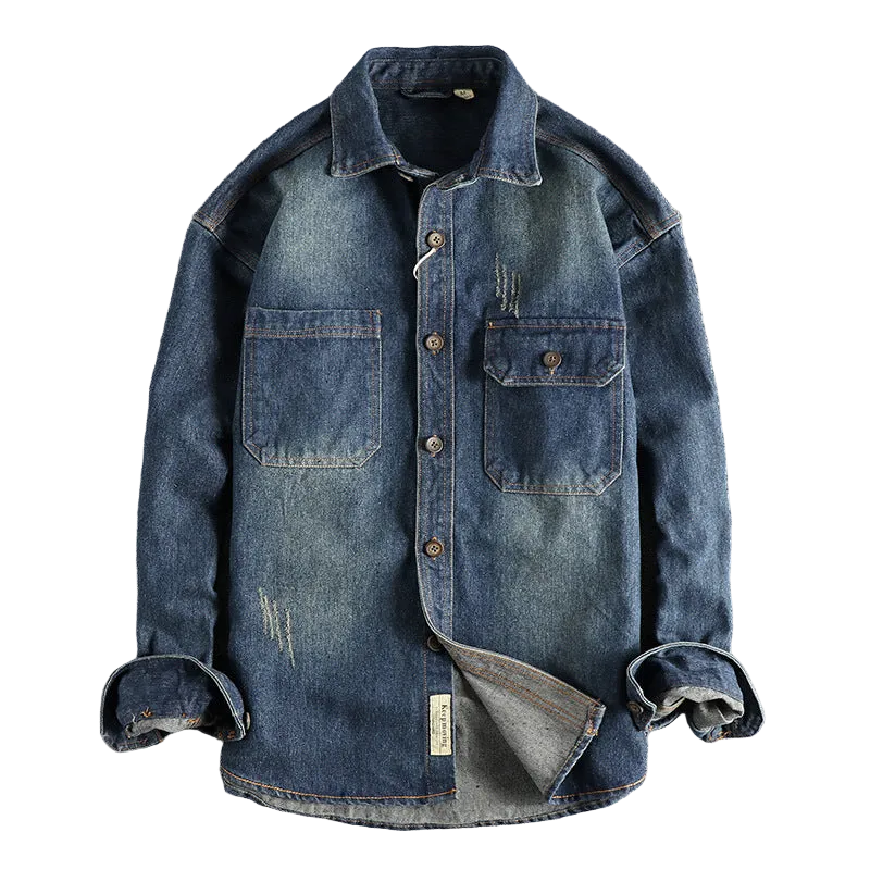 Sleeve Patchwork Vintage Washed Denim Shirt Loose Fit