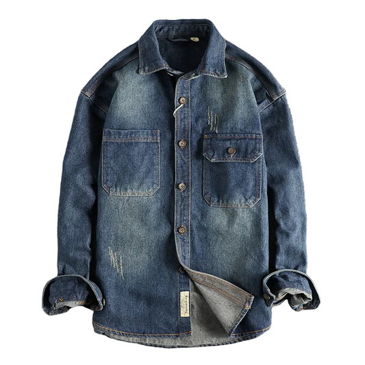 Sleeve Patchwork Vintage Washed Denim Shirt Loose Fit