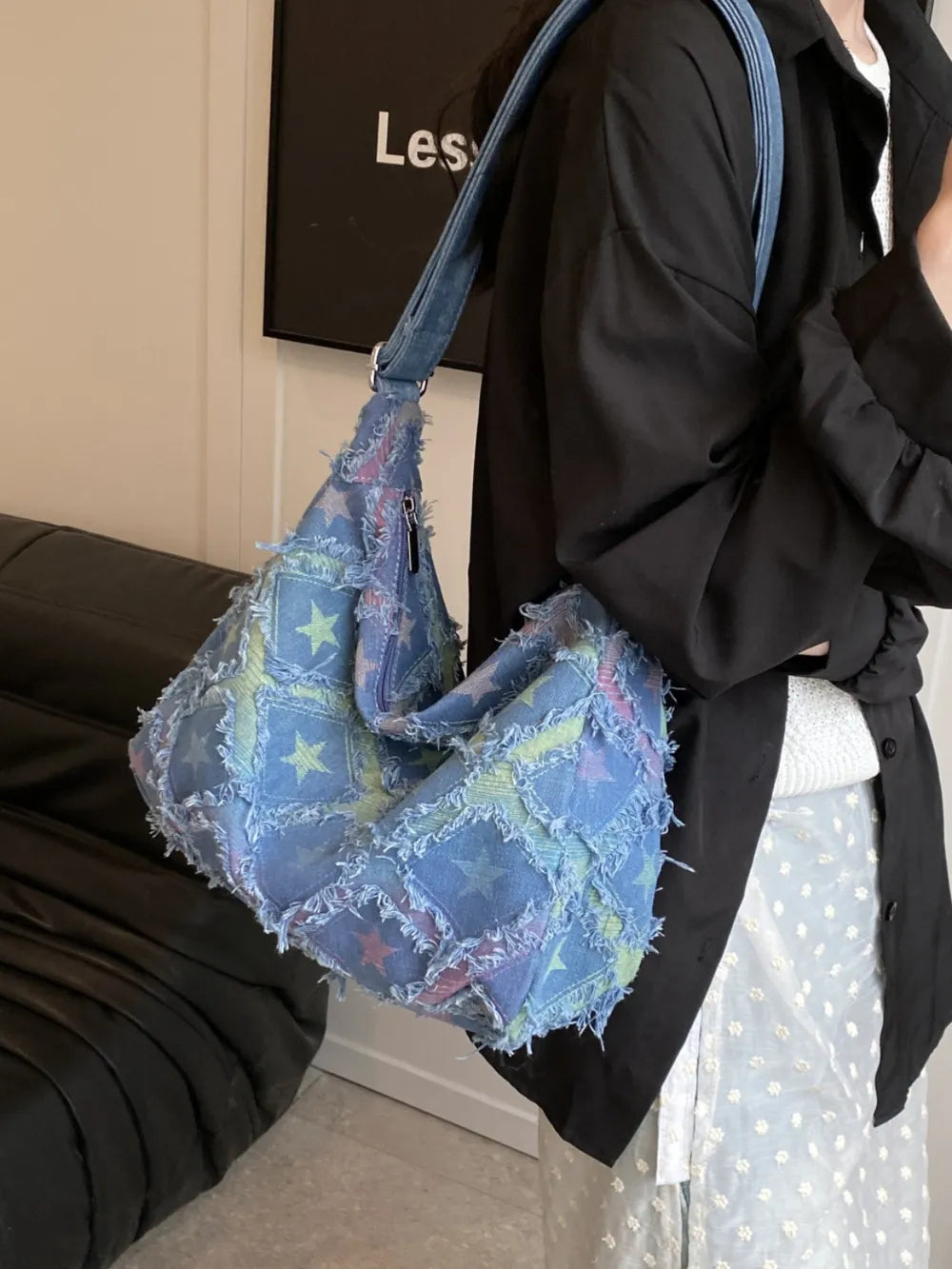 Premium Japanese Denim Shoulder Bag with Raw Hem