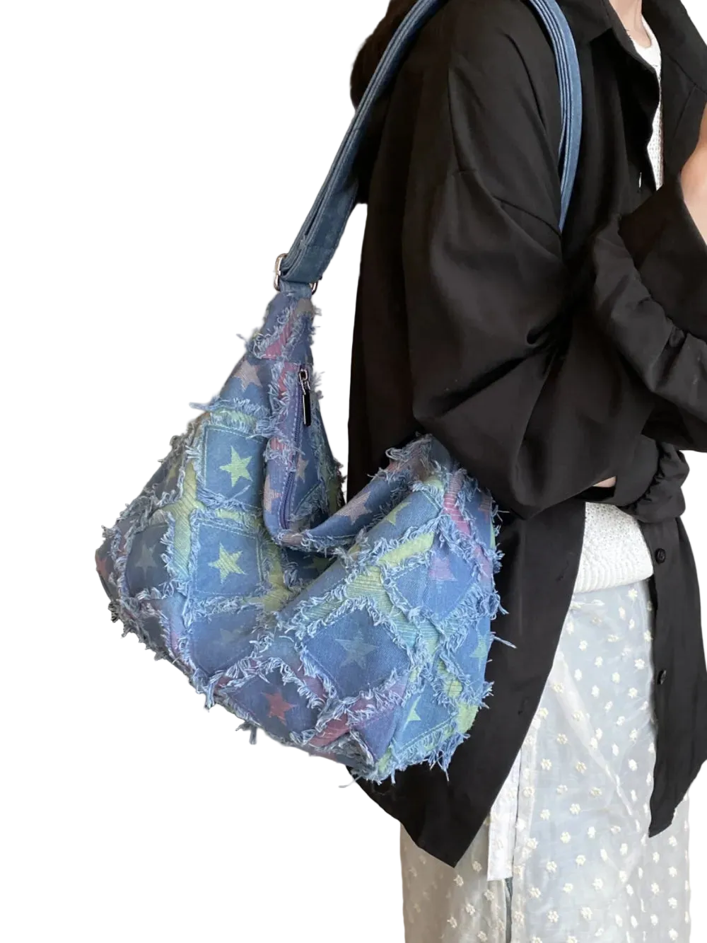 Japanese Denim Shoulder Bag with Raw Hem