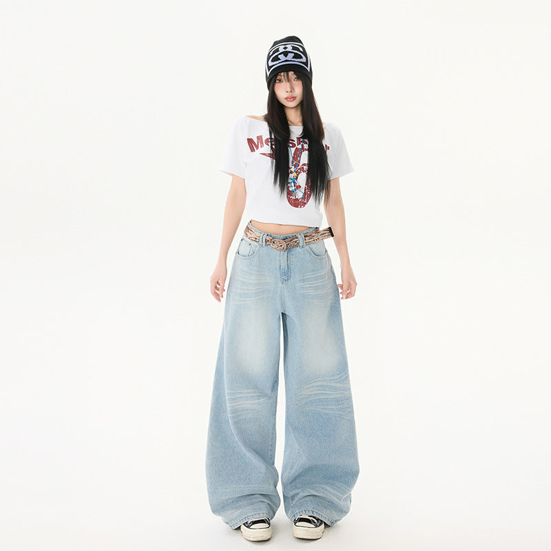 Washed Cat-Whisker Denim Pants for Women - Loose Drape Slimming Wide Leg