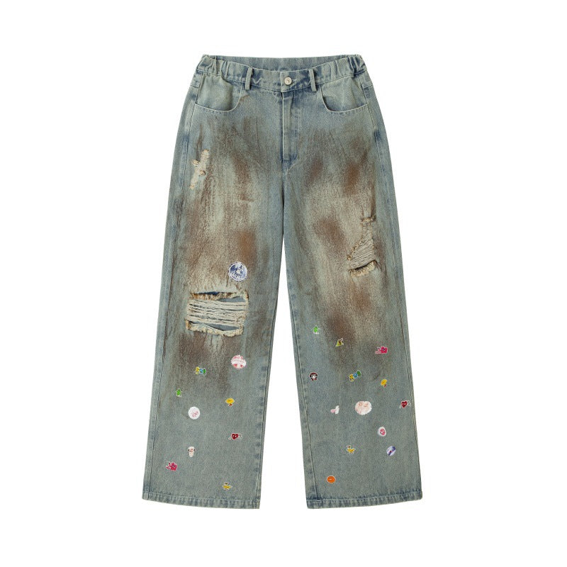 Japanese Retro Splashed Ink Ripped Jeans - Loose Fit Denim Pants