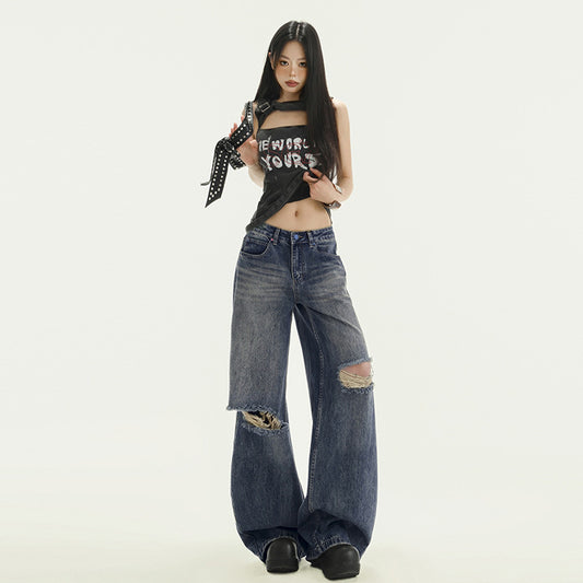 Women's Ripped High Waist Wide Leg Pants - Slimming Distressed Denim Trousers