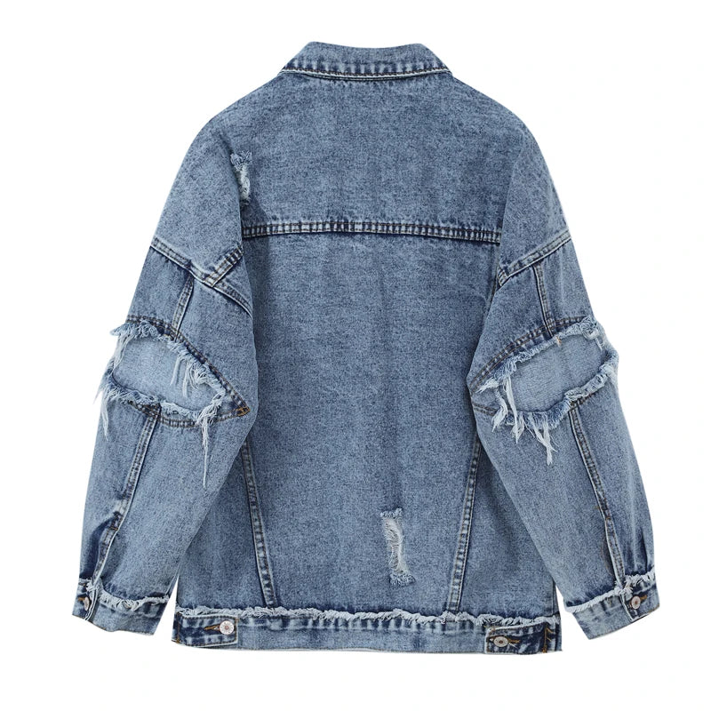 Women's Light Blue Denim Jacket with Frayed Details and Patchwork Design