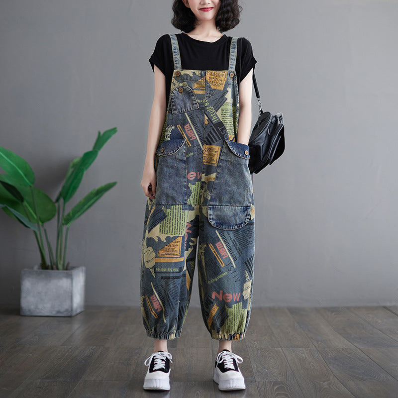 Fashionable Artistic Retro Printed Denim Overalls for Women with Ankle Binding