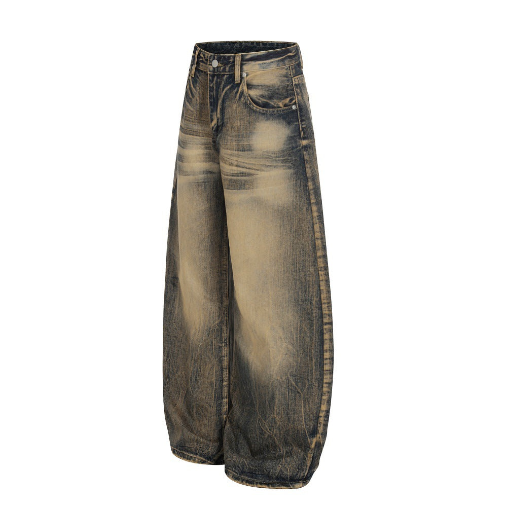 Color Blocked White Yellow Mud Dyed Denim Curved Knife Pants