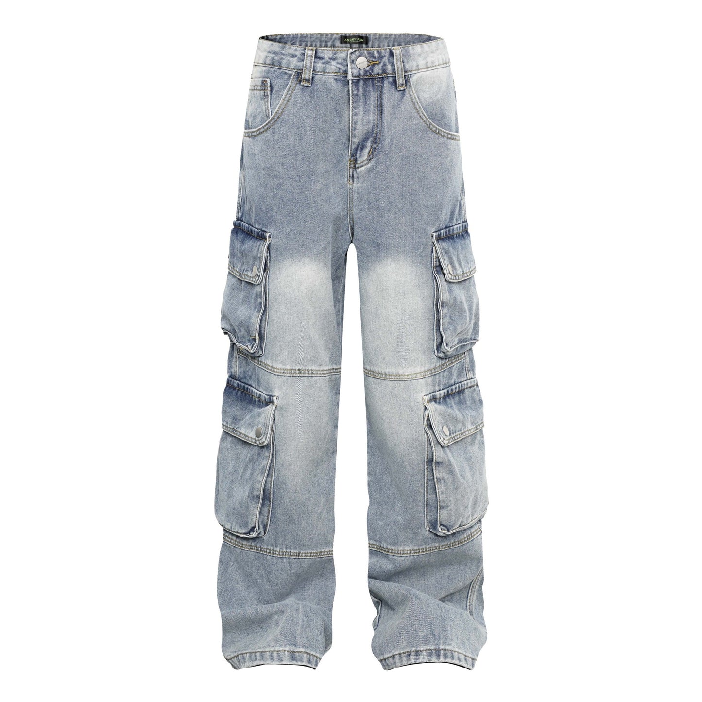 High Street Washed Vintage Multi-Pocket Denim Work Pants - Unisex Loose Wide-Leg Tactical Trousers