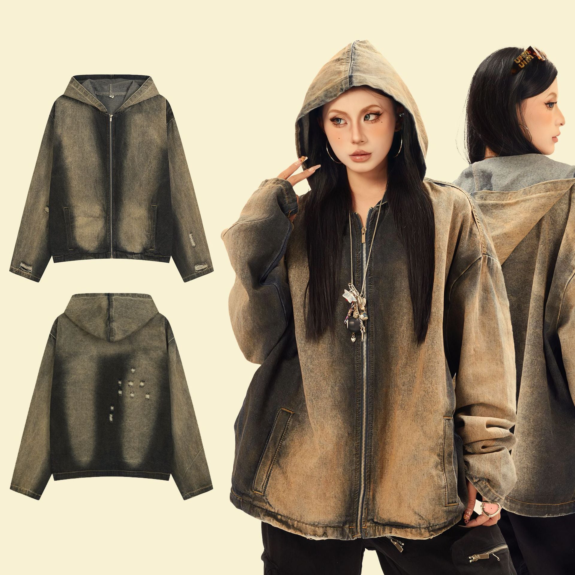 Washed Gradient Color Distressed Denim Jacket