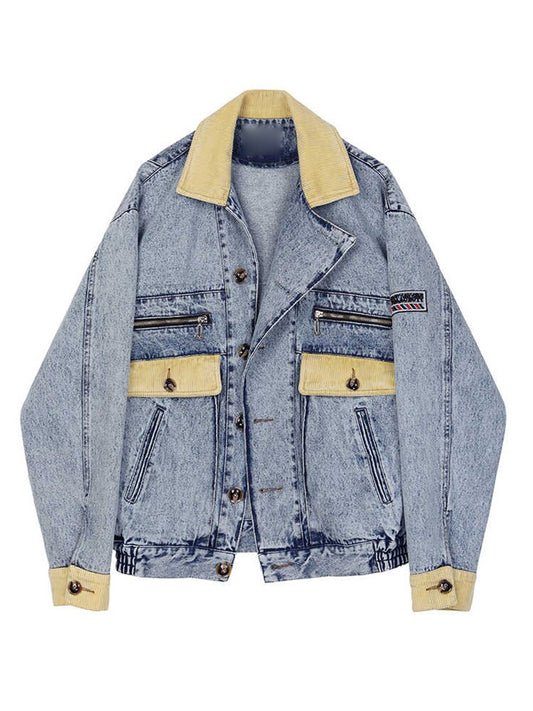 Retro Hong Kong Style Color Block Casual Single-Breasted Denim Jacket