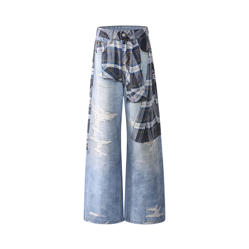 Women's Shirt Belt Printed Denim Straight Leg Trousers