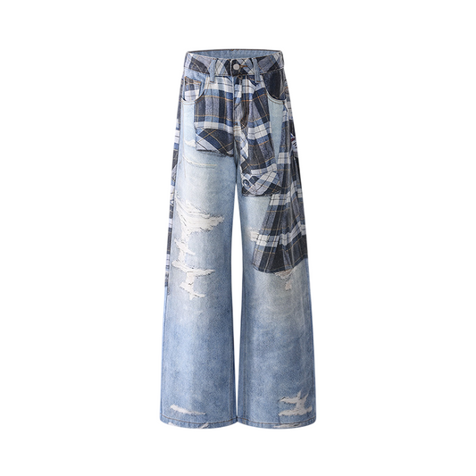 Women's Shirt Belt Printed Denim Straight Leg Trousers