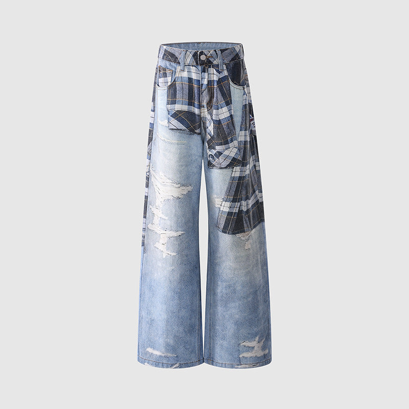 Trendy Women's Belted Printed Denim Straight Leg Trousers