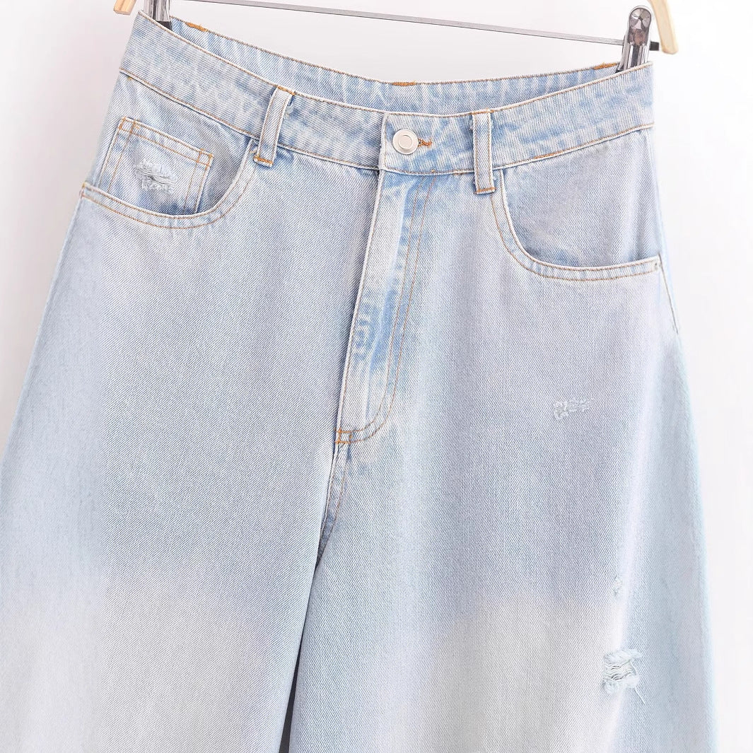 Versatile High-Waisted Ripped Loose Distressed Denim Pants for Women