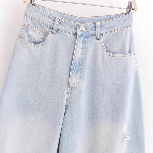 Versatile High-Waisted Ripped Loose Distressed Denim Pants for Women