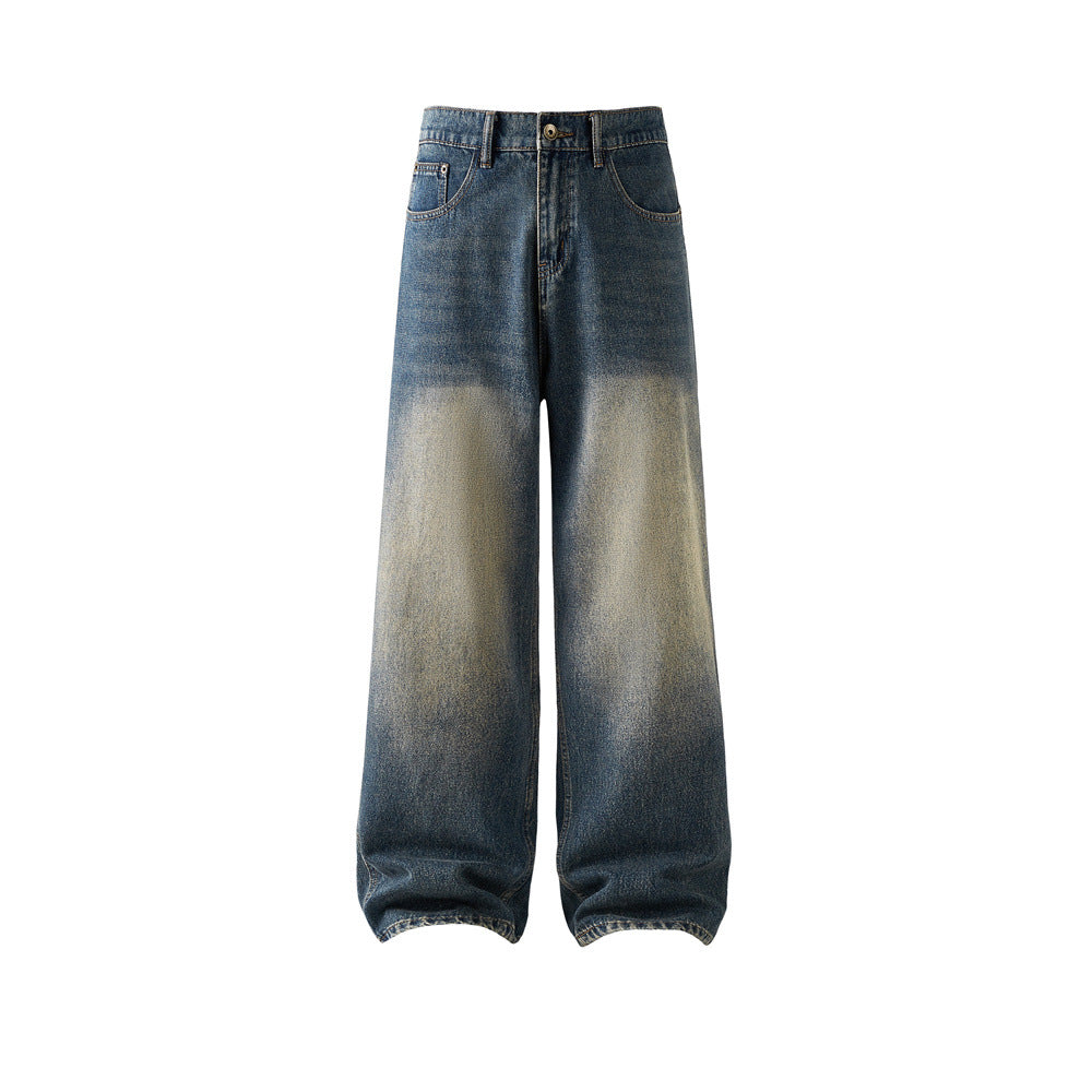 Retro Men's Dyed Straight Leg Jeans, Loose Wide-Leg Casual Pants