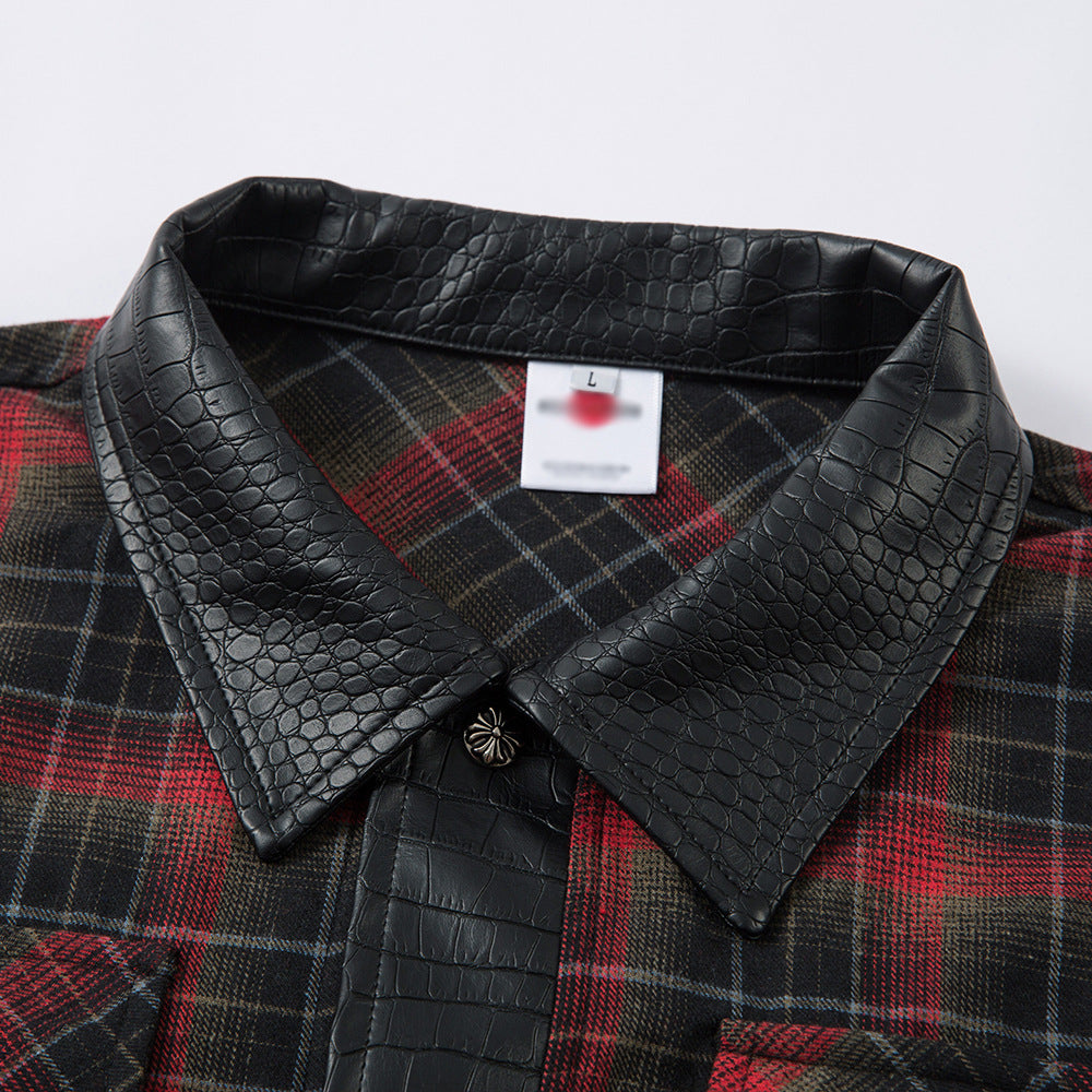 Leather Lapel Single Breasted Long Sleeved Work Shirt