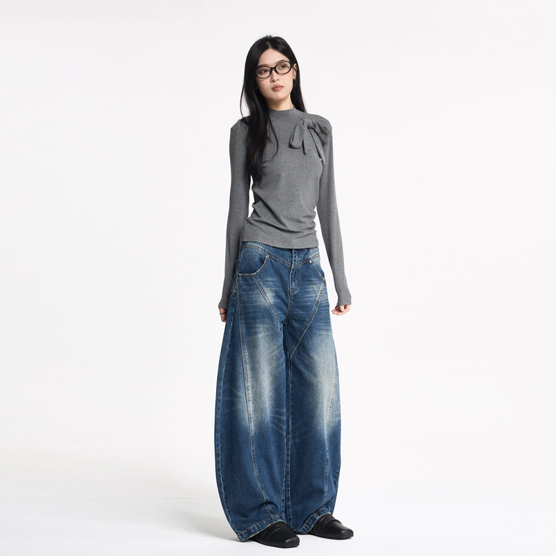 Women's Knife-Leg Jeans with Whiskers - Loose Casual Wide-Leg Pants