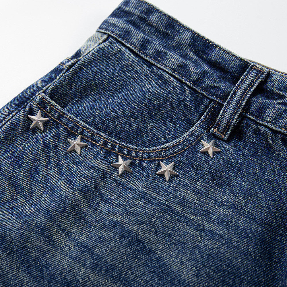 Blue Bleached Denim Shorts with Rhinestones and Distressed Details